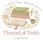 Decorative design with a Bible, flowers, and a cup on a white background with 'Thread of Faith' branding.